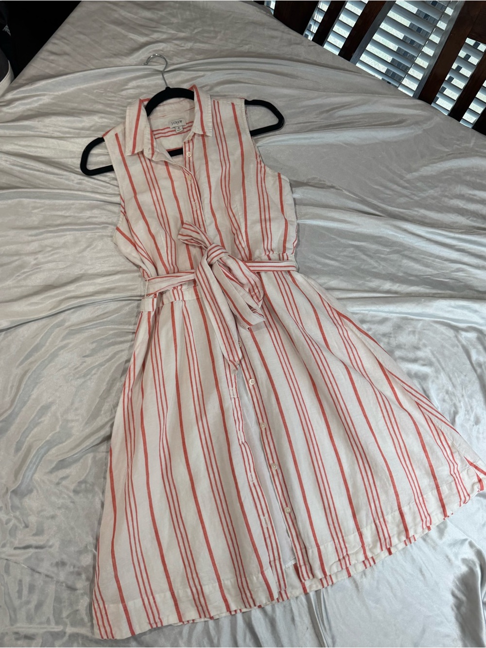 J. Crew linen/cotton White Dress with Coral Stripes and Tie Waist